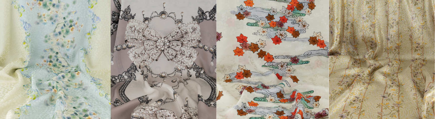 Collection of various fabric patterns including floral, abstract, and nature-themed designs.